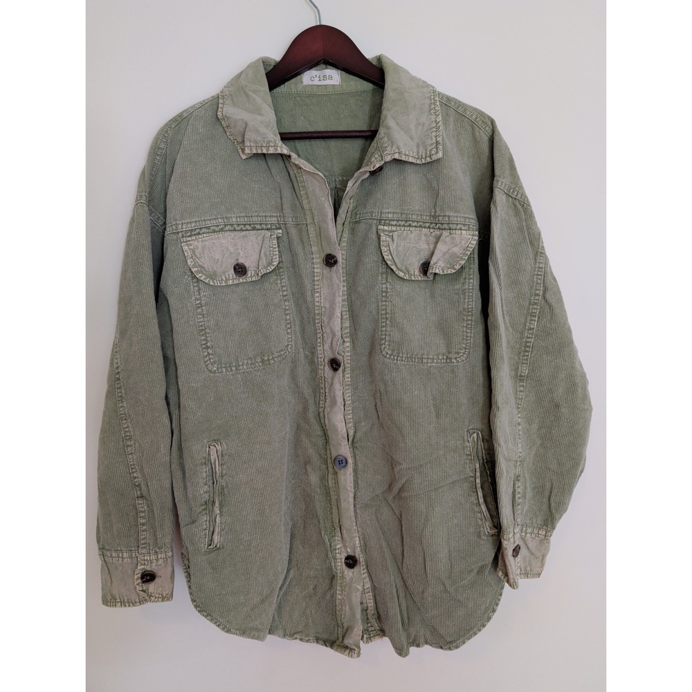 C'isa Corduroy Shirt Jacket Womens L Green‎ Button Front Shacket 100% Cotton